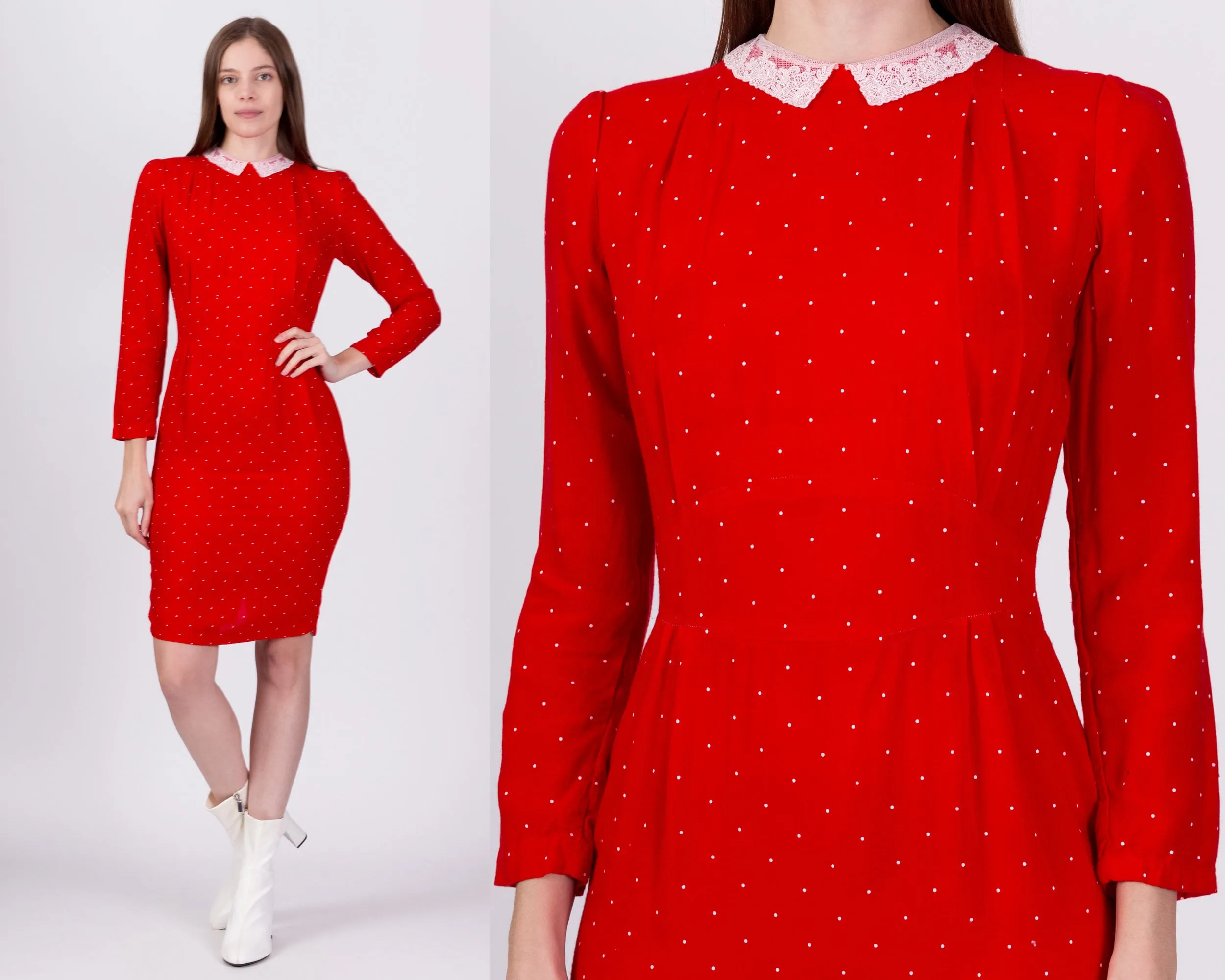 80s Red Polka Dot Lace Collar Dress - Small