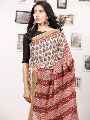 Beige Maroon Black Bagh Printed Maheshwari Cotton Saree - S031703320