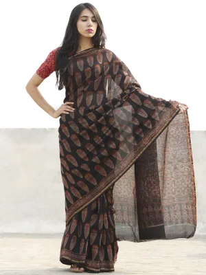 Black Grey Maroon Chanderi Silk Ajrakh Hand Block Printed Saree With Zari Border - S031702635