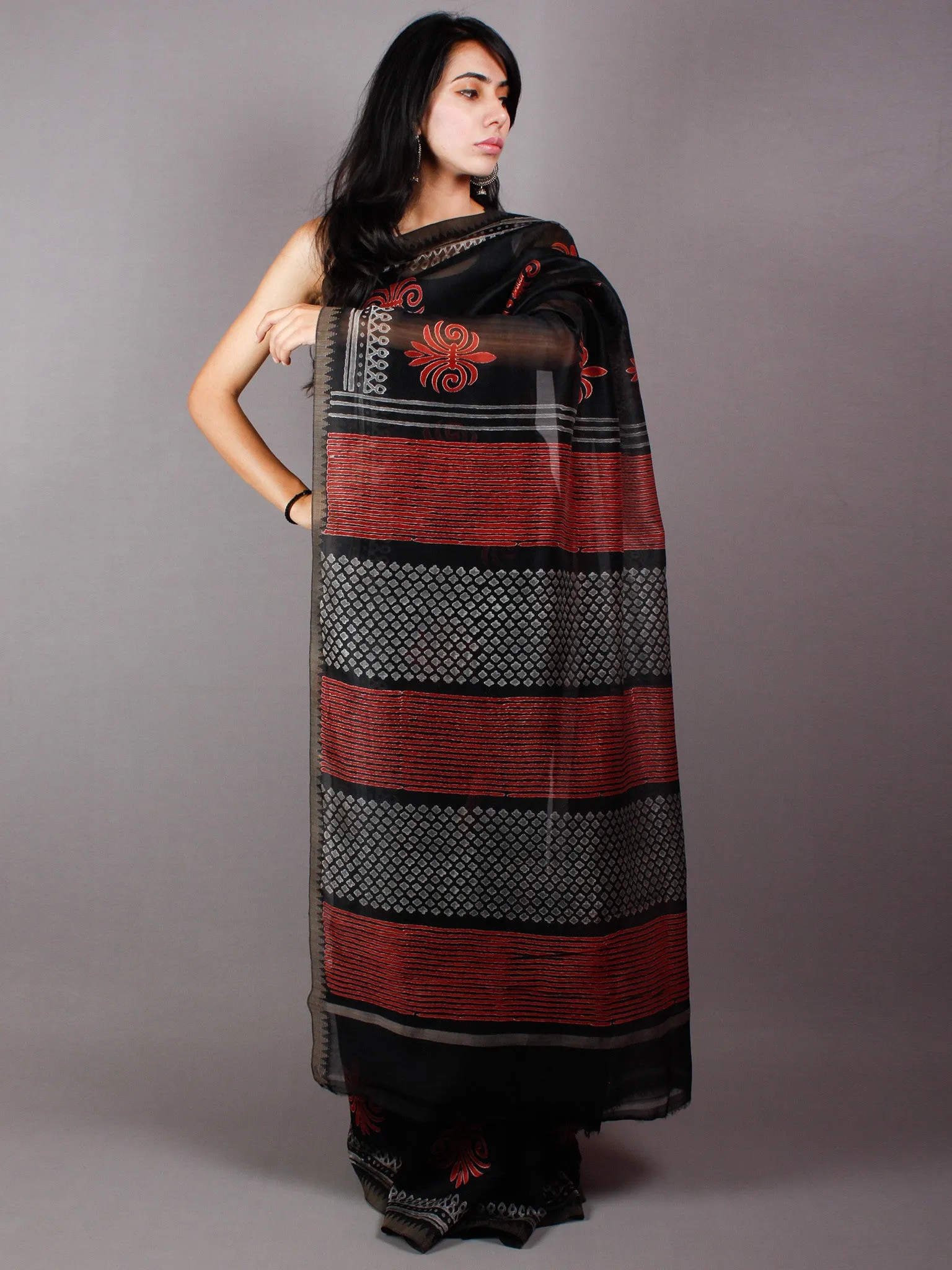 Black Red Grey Hand Block Printed in Natural Vegetable Colors Chanderi Saree With Geecha Border - S03170477