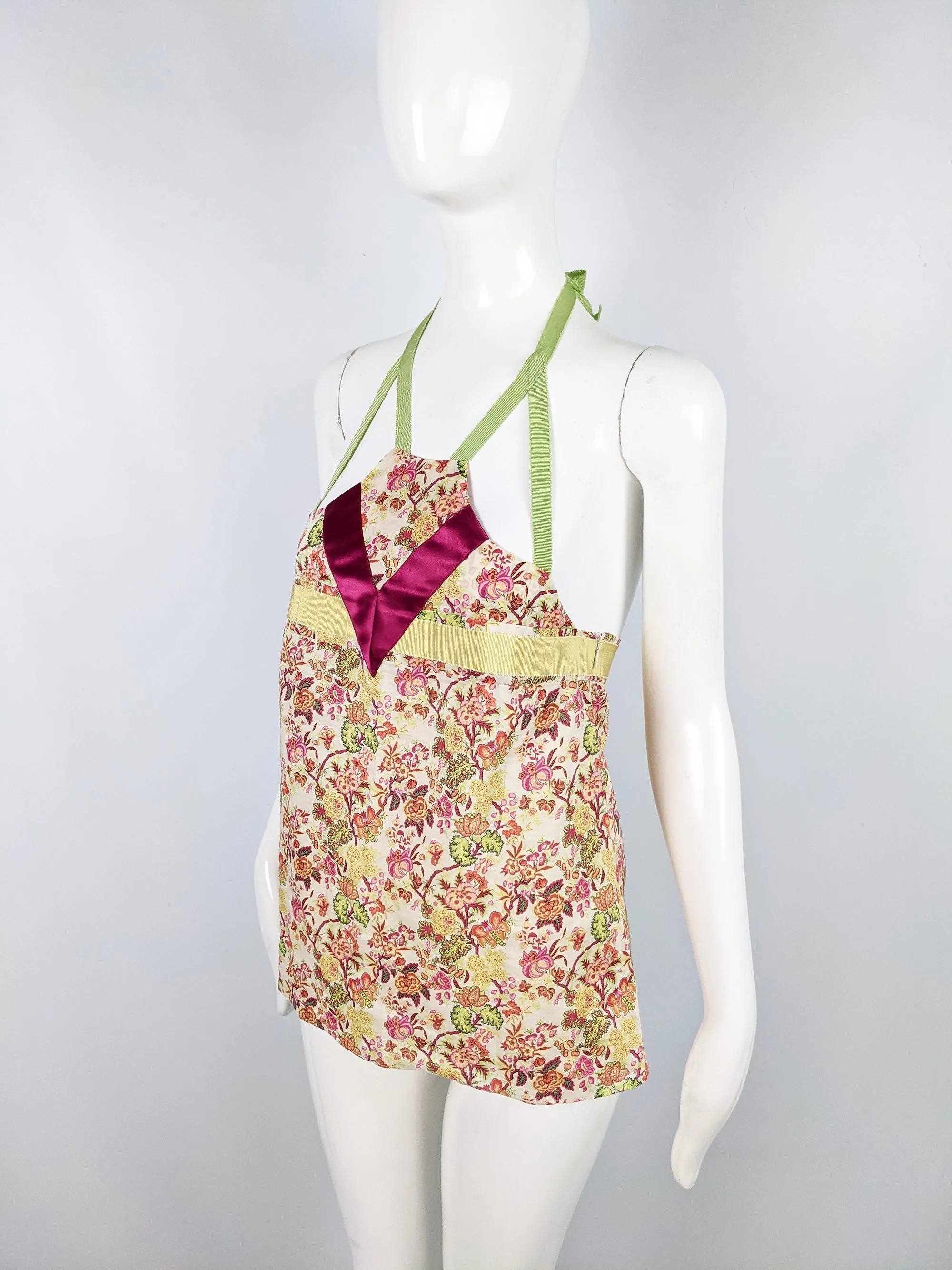 Cute Vintage Floral Print Strappy Halter Top, 2000s