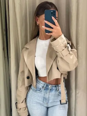 Fashionkova TRAF 2024 Belt Cropped Trench Spring Jacket Women Vintage Streetwear Double Breasted Long Sleeve Top Female Coat Outfits