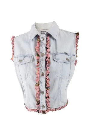 Fendissime Vintage Womens Ruffled Denim Vest Jacket, 1990s