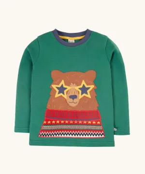 Frugi Terrific Applique Top - Teal/Fairisle Bear