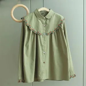 Girlary Fashion Vintage Blouses Peter Pan Collar Long Sleeve Floral Embroidery Button Shirts Spring Casual Loose Elegant Women Clothing