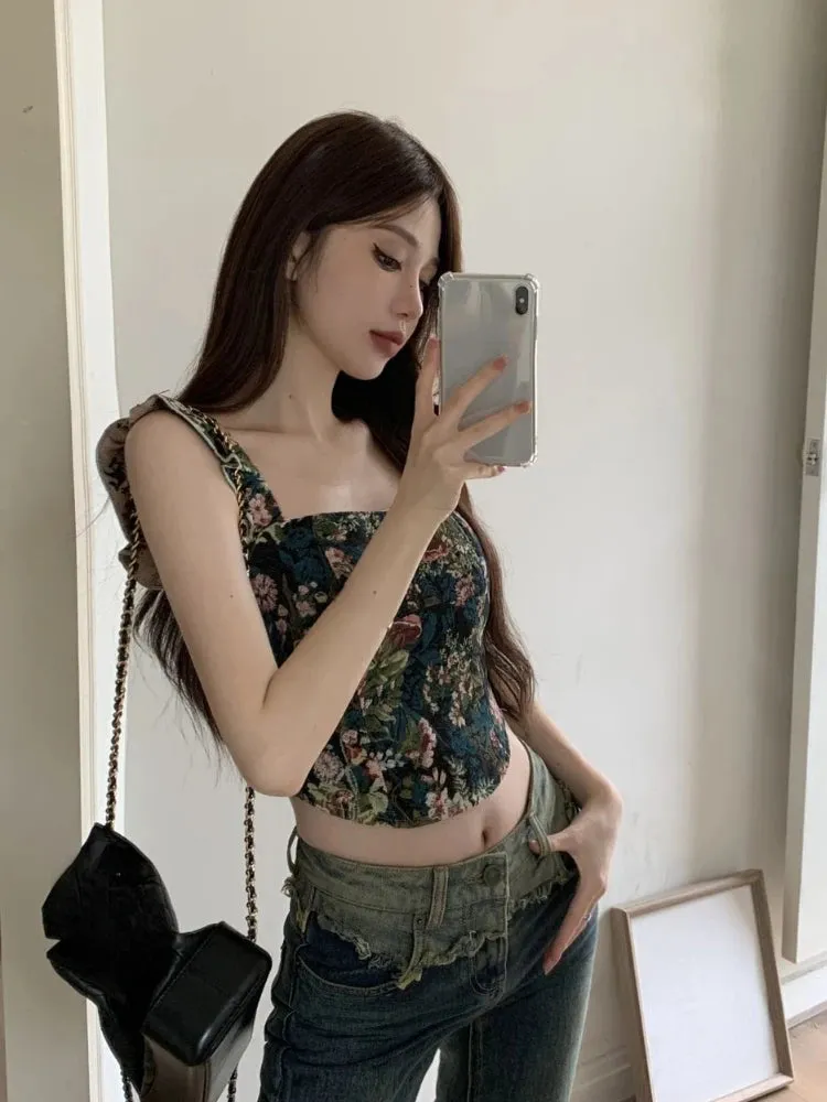 Girlary Floral Print French Vintage Vest Women Ruffles Korean Fashion Sexy Tank Top Female Holiday Party Elegant Designer Camis New