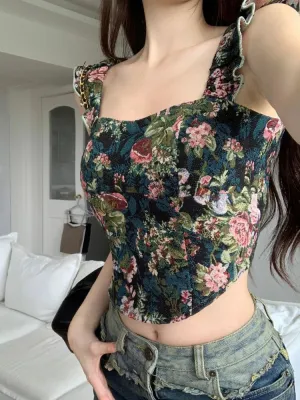 Girlary Floral Print French Vintage Vest Women Ruffles Korean Fashion Sexy Tank Top Female Holiday Party Elegant Designer Camis New