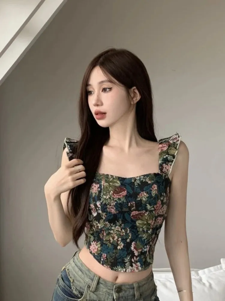 Girlary Floral Print French Vintage Vest Women Ruffles Korean Fashion Sexy Tank Top Female Holiday Party Elegant Designer Camis New