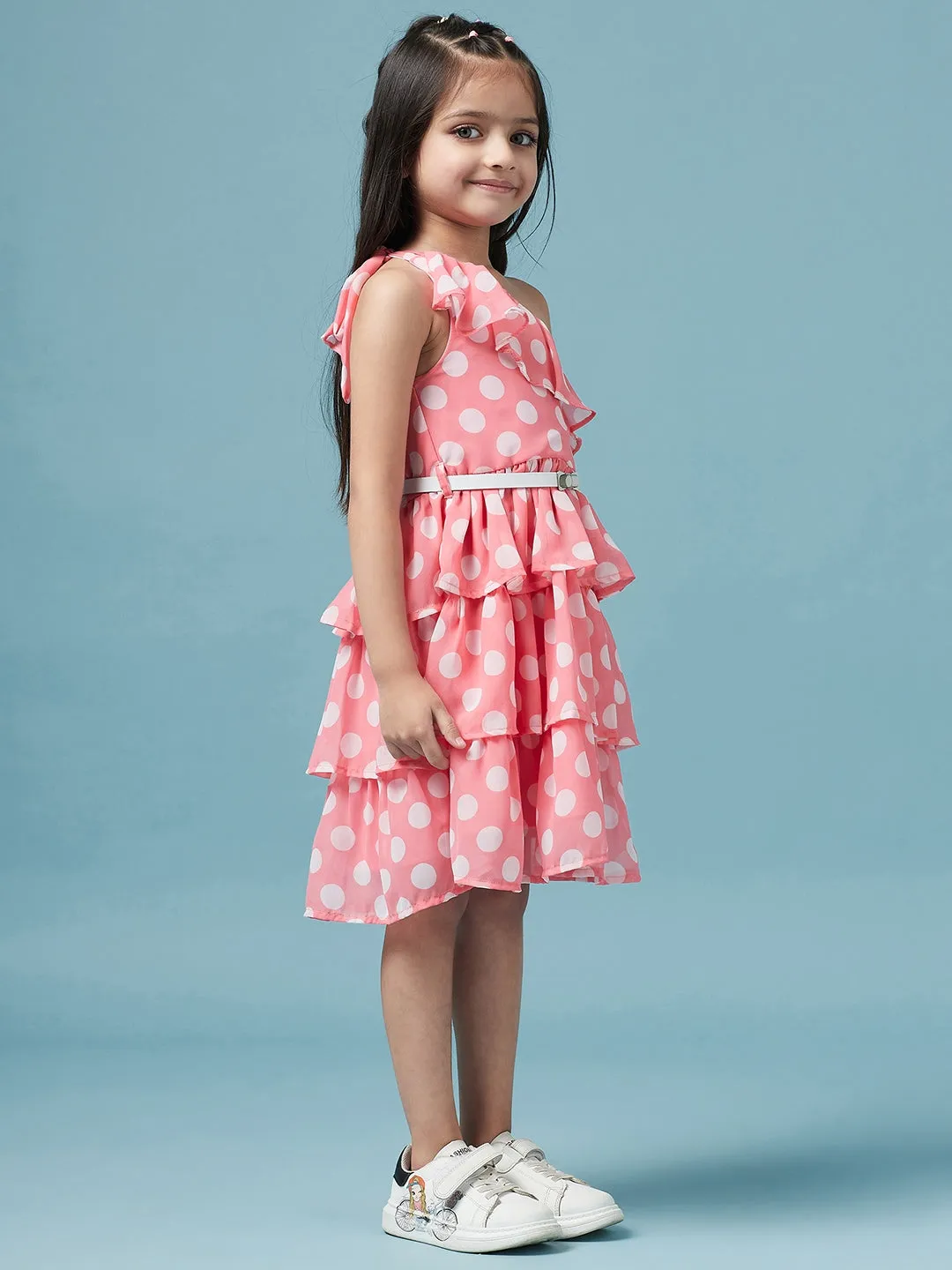 Girls One Shoulder Polka Dot Printed Georgette Dress - Ps Peaches