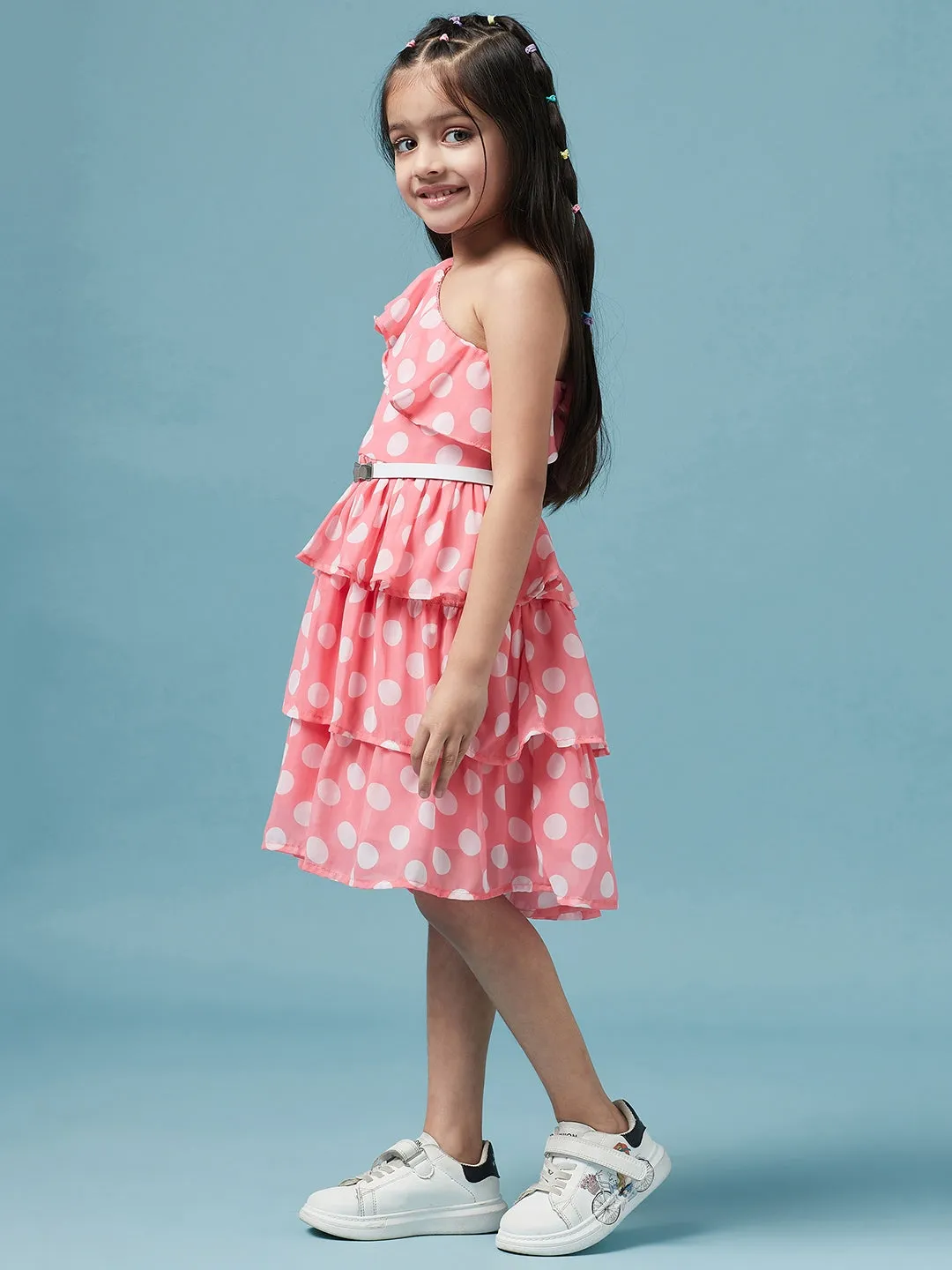 Girls One Shoulder Polka Dot Printed Georgette Dress - Ps Peaches