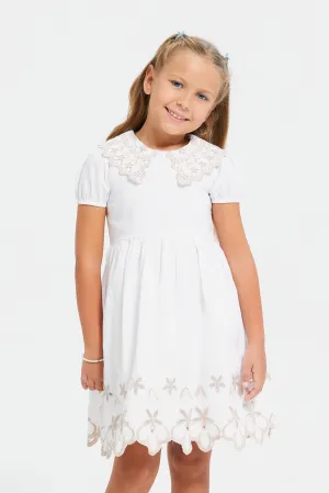 Girls White Embroidered Collar Dress