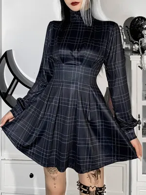 Gothic Plaid Winter Long Sleeve Turtleneck A-Line Pleated Corset Dress