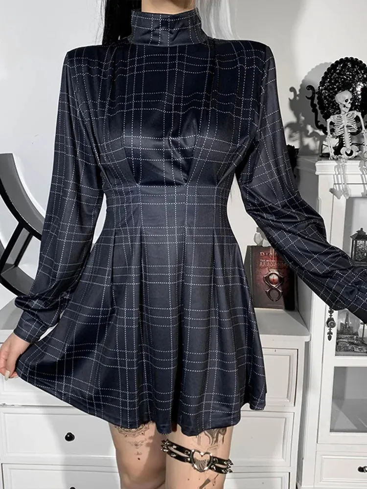 Gothic Plaid Winter Long Sleeve Turtleneck A-Line Pleated Corset Dress