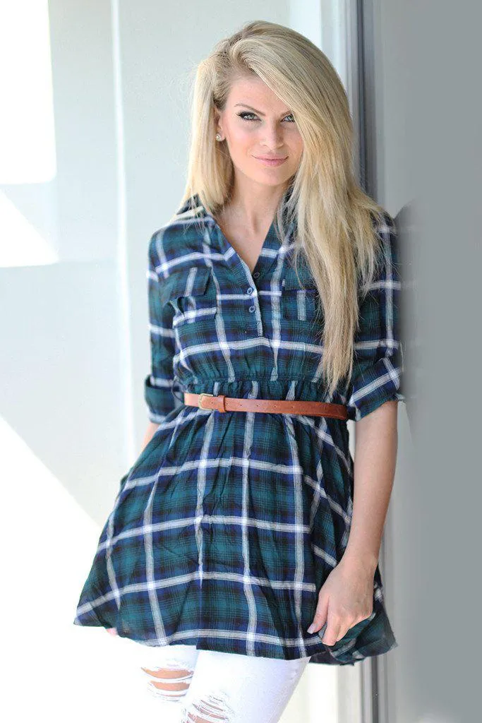 Green Plaid Tunic Dress with Belt