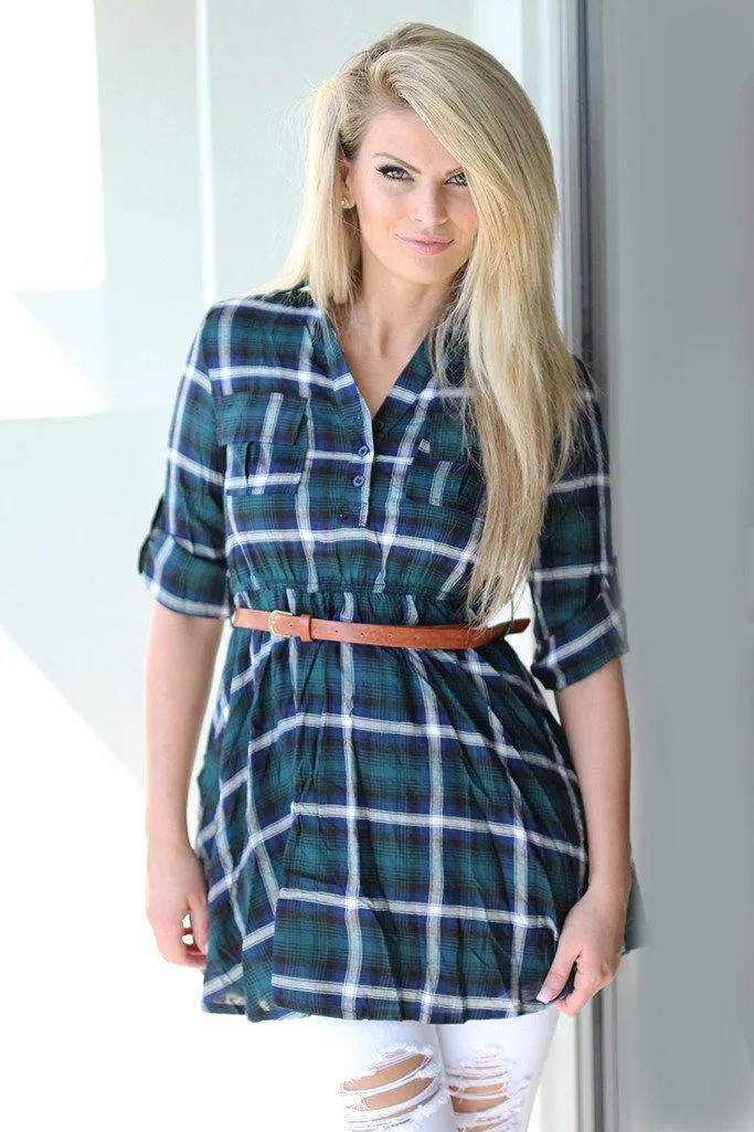 Green Plaid Tunic Dress with Belt