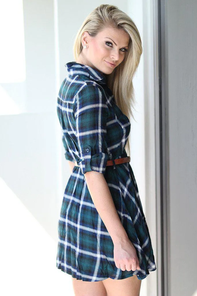 Green Plaid Tunic Dress with Belt