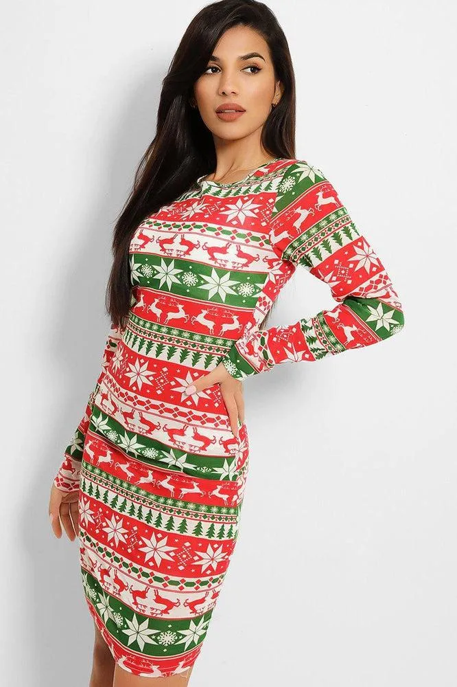 Green Red Fairisle Print Bodycon Dress