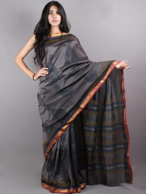 Grey Blue Mono Chanderi  Hand Block Printed Saree with Zari Border - S0317208