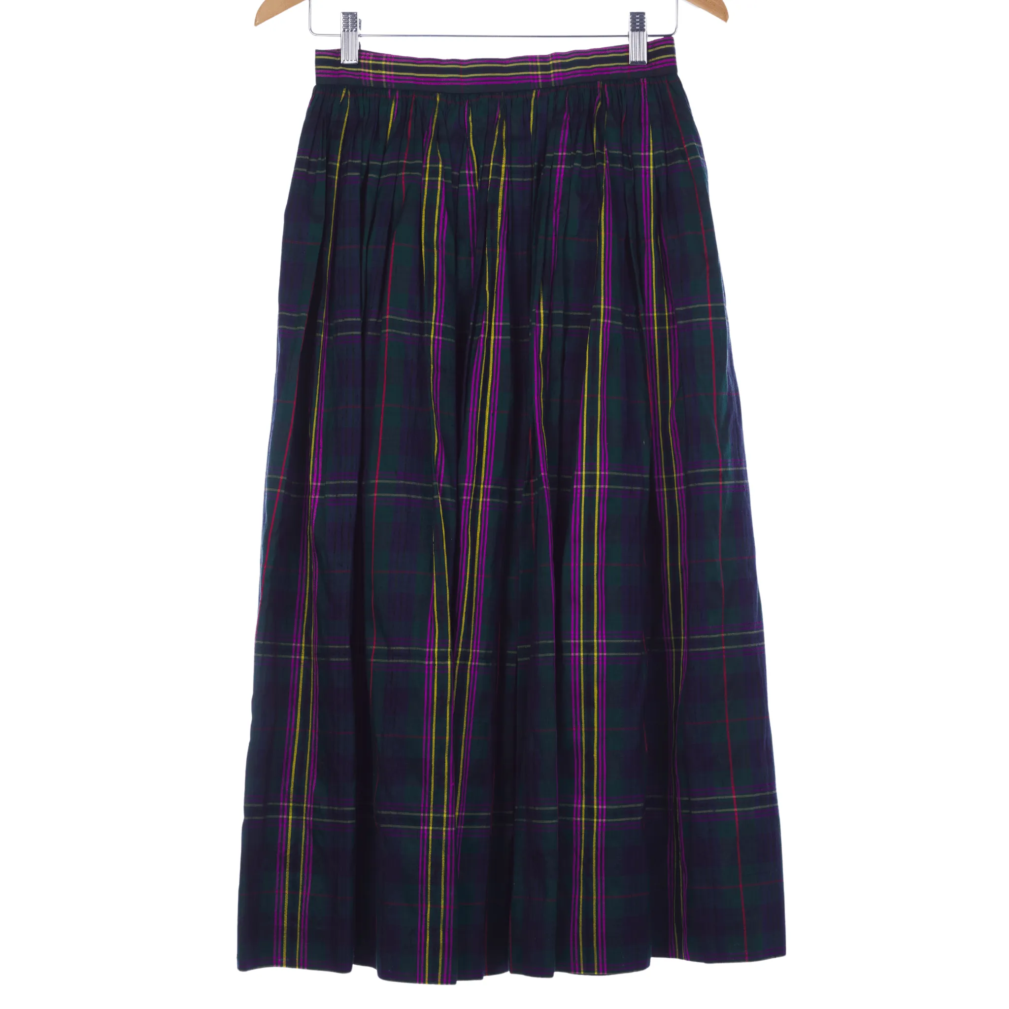 Harrods Vintage Silk Skirt Green and Purple Tartan/ Plaid UK Size 8