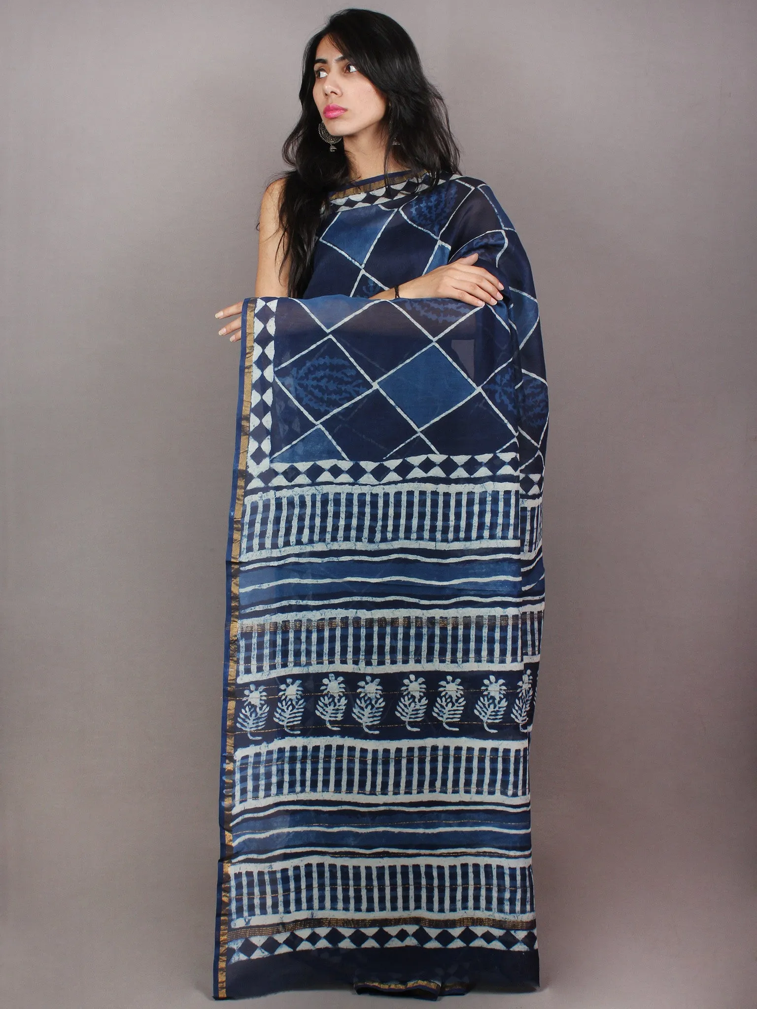 Indigo Beige Hand Block Printed in Natural Colors Chanderi Saree - S03170762