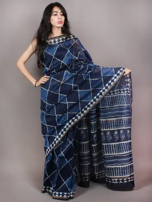 Indigo Beige Hand Block Printed in Natural Colors Chanderi Saree - S03170762