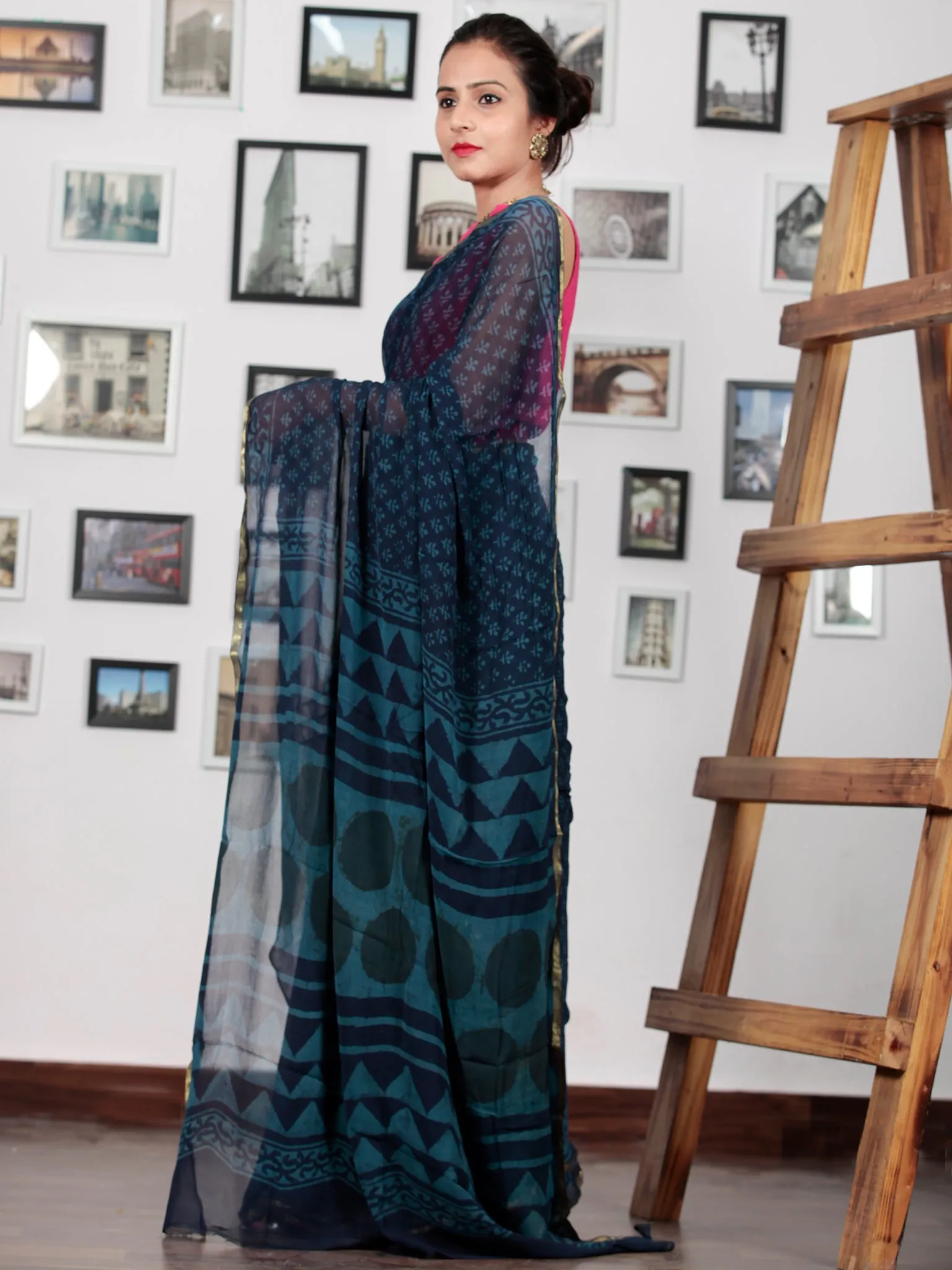 Indigo Blue Hand Block Printed Chiffon Saree with Zari Border - S031702753