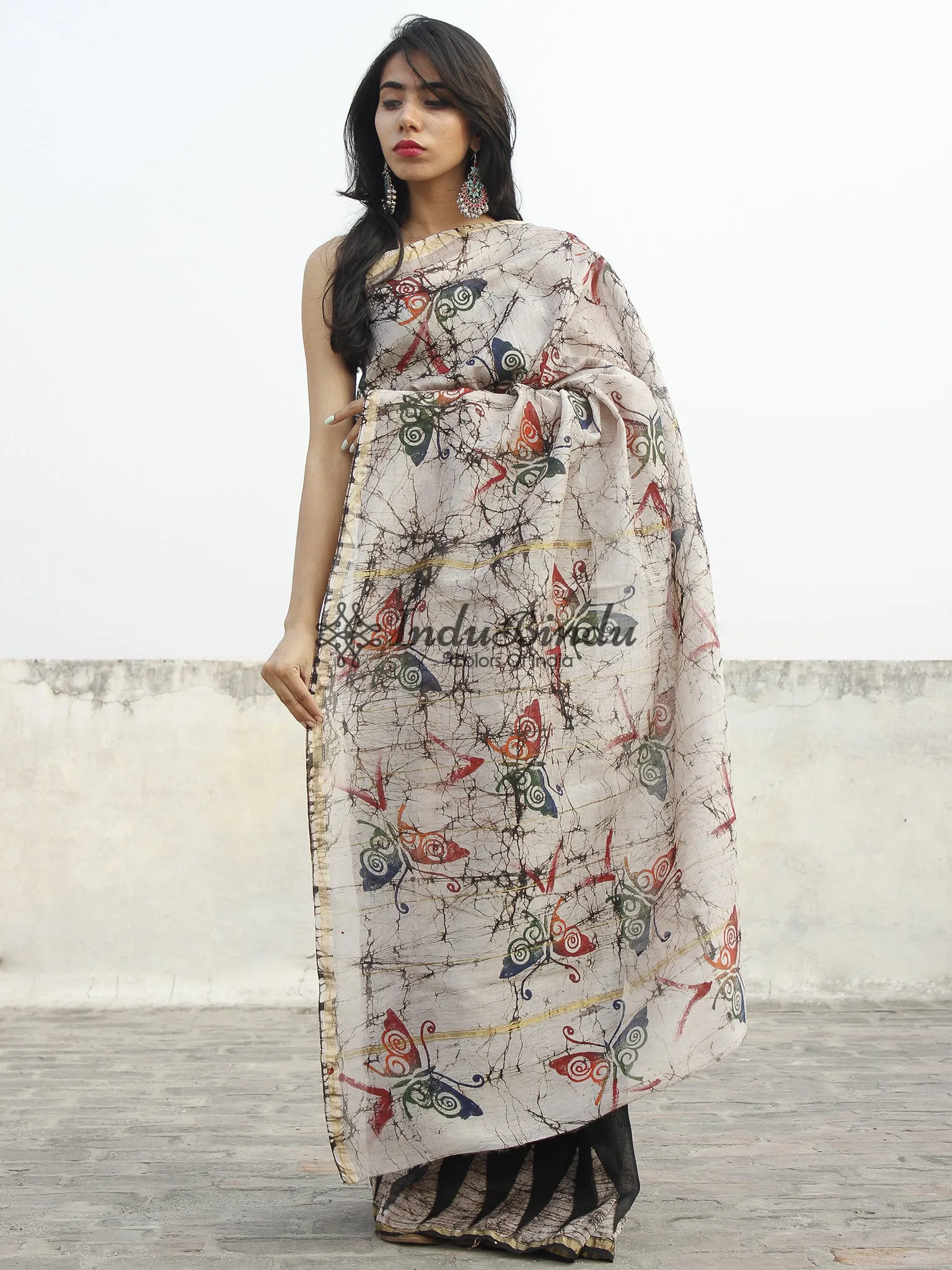 Ivory Black Red Hand Block & Batik Printed Chanderi Saree - S031702353