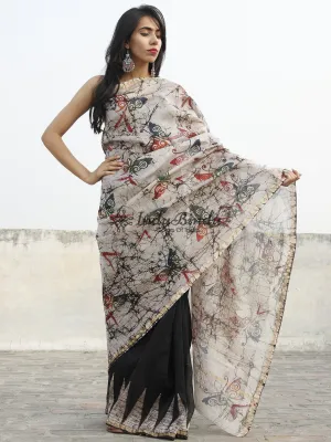 Ivory Black Red Hand Block & Batik Printed Chanderi Saree - S031702353