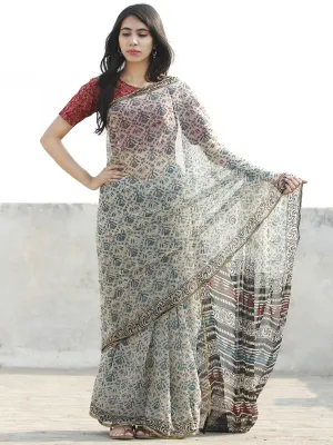 Ivory Blue Hand Block Printed Chiffon Saree with Zari border- S031702681