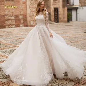 Long Sleeve Lace Vintage Wedding Dresses Illusion Appliques Court Train A Line Bridal Gowns