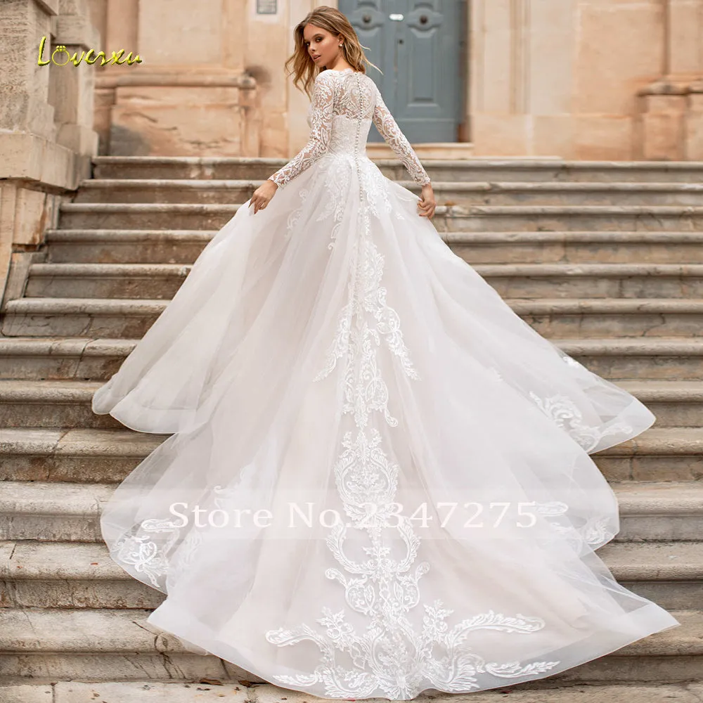 Long Sleeve Lace Vintage Wedding Dresses Illusion Appliques Court Train A Line Bridal Gowns