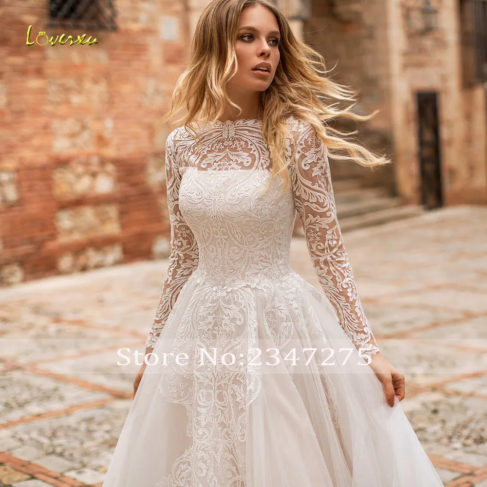 Long Sleeve Lace Vintage Wedding Dresses Illusion Appliques Court Train A Line Bridal Gowns