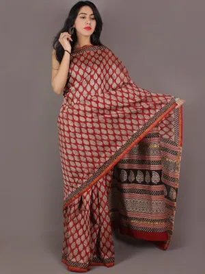 Maroon Ivory Black Hand Block Printed in Natural Colors Chanderi Saree - S03170999