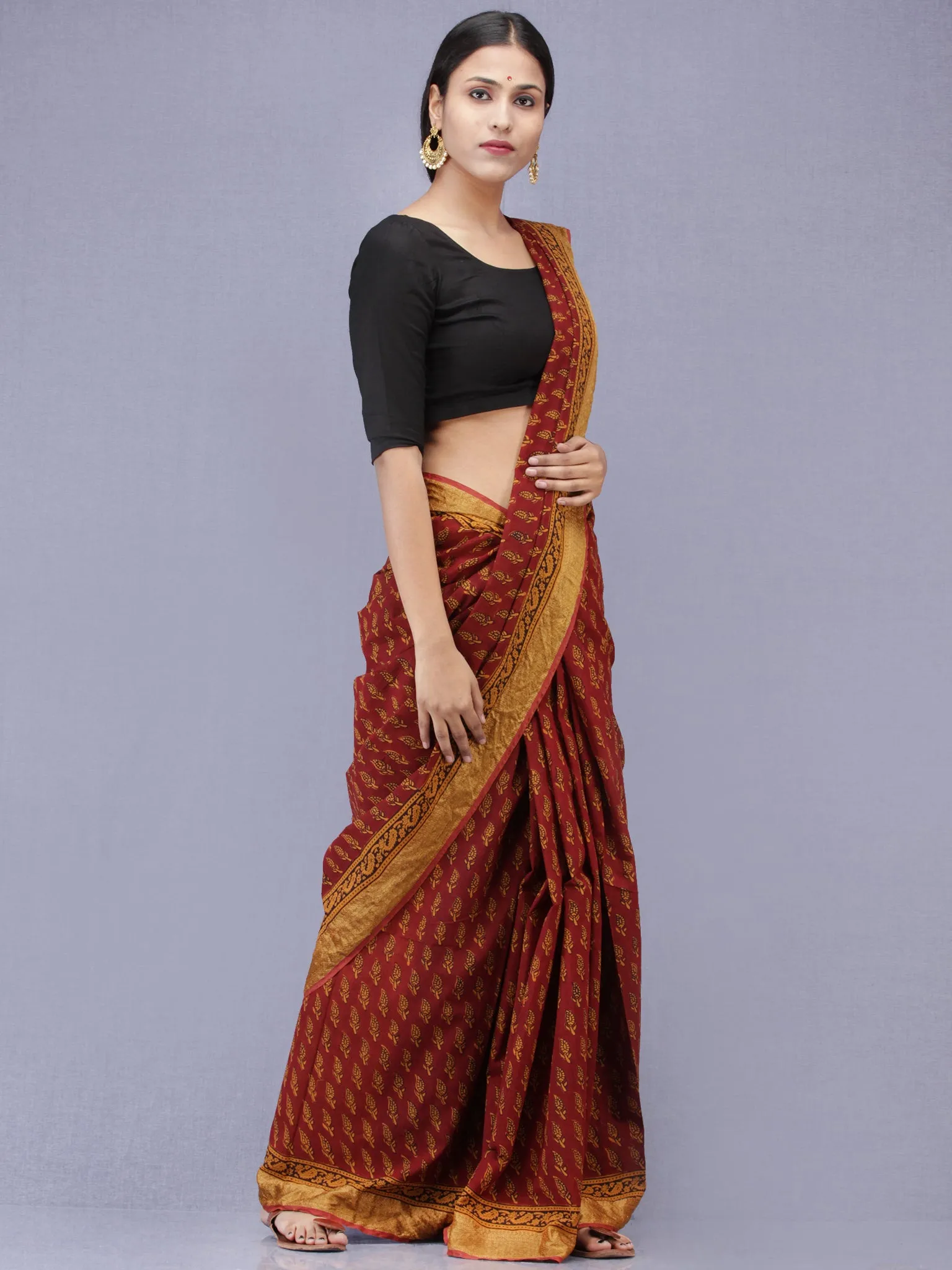 Maroon Rust Orange Black Bagh Printed Maheshwari Cotton Saree - S031704171