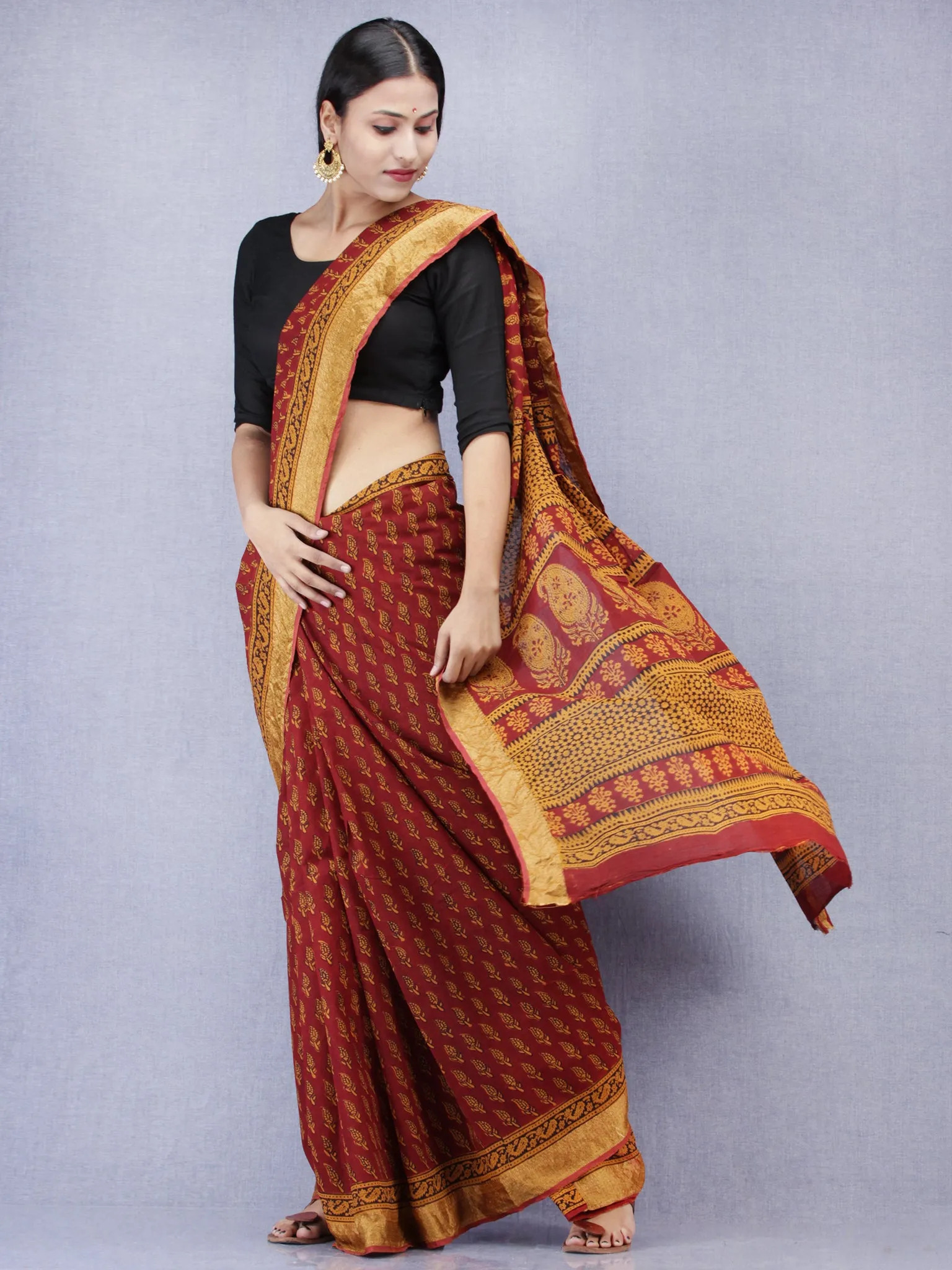 Maroon Rust Orange Black Bagh Printed Maheshwari Cotton Saree - S031704171