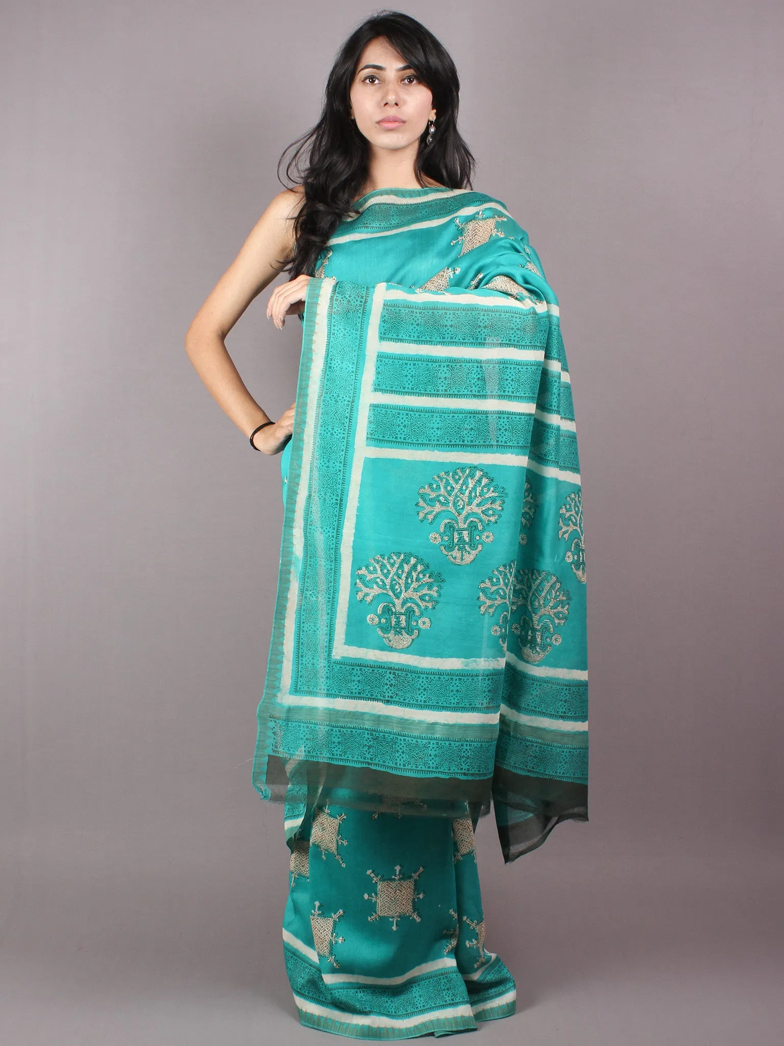 Mint Green Bagru Hand Block Printed Chanderi Saree With Geecha Border - S03170293