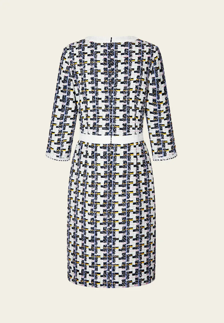 Mixed Tweed Houndstooth Trimmed Dress