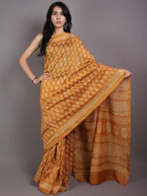 Mustard Yellow Beige Hand Block Bagru Printed in Natural Vegetable Colors Chanderi Saree - S03170556