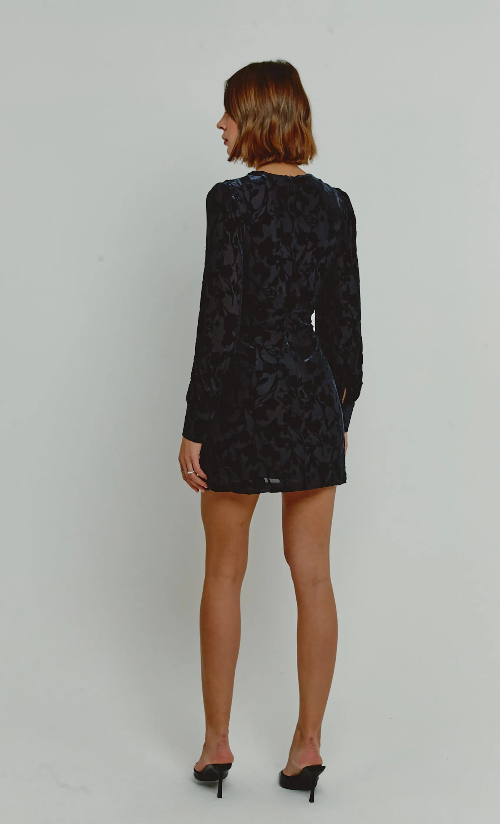 Navy Bishop Sleeve Devore Mini Dress