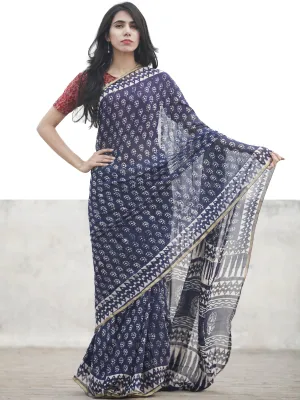 Navy Blue White Hand Block Printed Chiffon Saree With Zari Border - S031702610