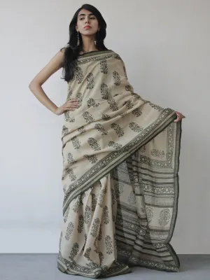 Off White Green Black Handloom Cotton Hand Block Printed Handloom Saree in Natural Dyes - S031702511