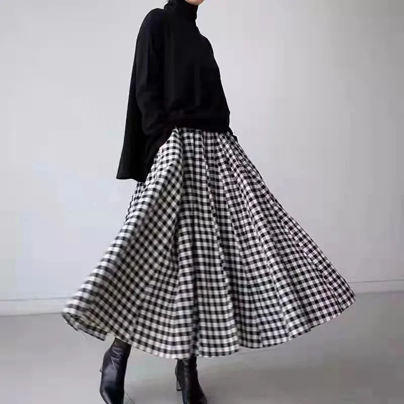 Plaid Midi Long Skirt Womens Maxi Skirt Korean Vintage Summer Pockets Deisgn High Waisted Cotton Skirts rok