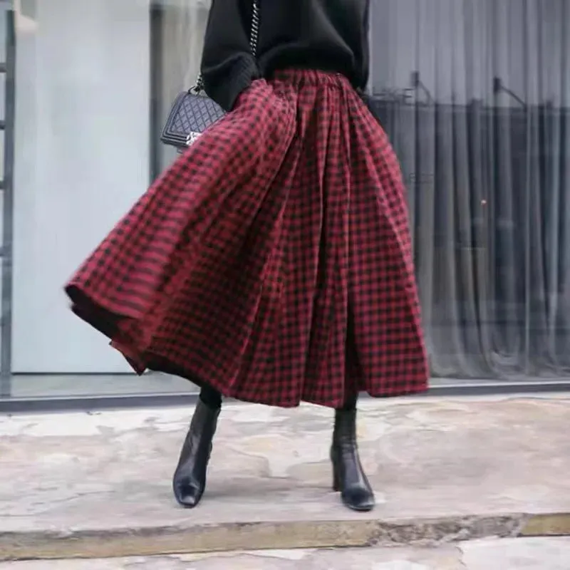 Plaid Midi Long Skirt Womens Maxi Skirt Korean Vintage Summer Pockets Deisgn High Waisted Cotton Skirts rok