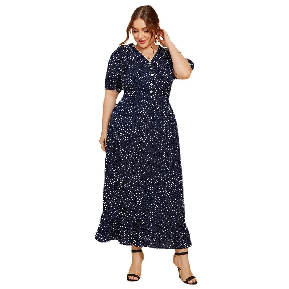 Plus Size Summer Polka Dot Short Sleeved Long Dress