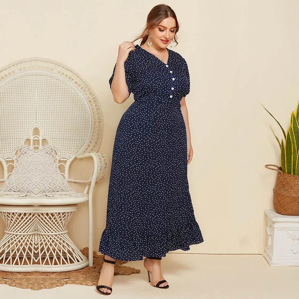 Plus Size Summer Polka Dot Short Sleeved Long Dress