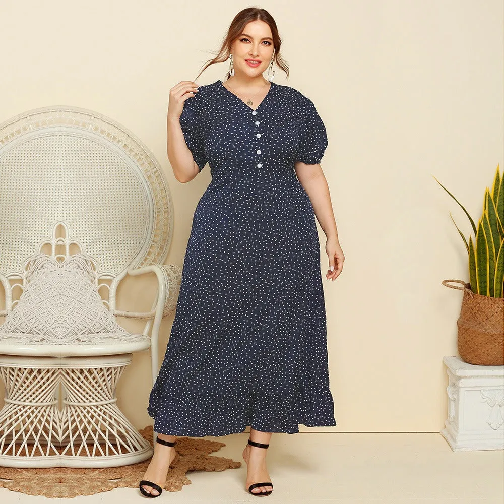 Plus Size Summer Polka Dot Short Sleeved Long Dress