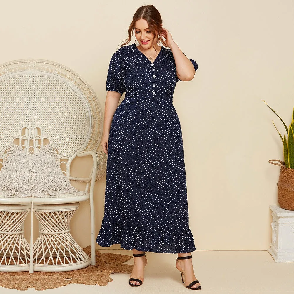 Plus Size Summer Polka Dot Short Sleeved Long Dress