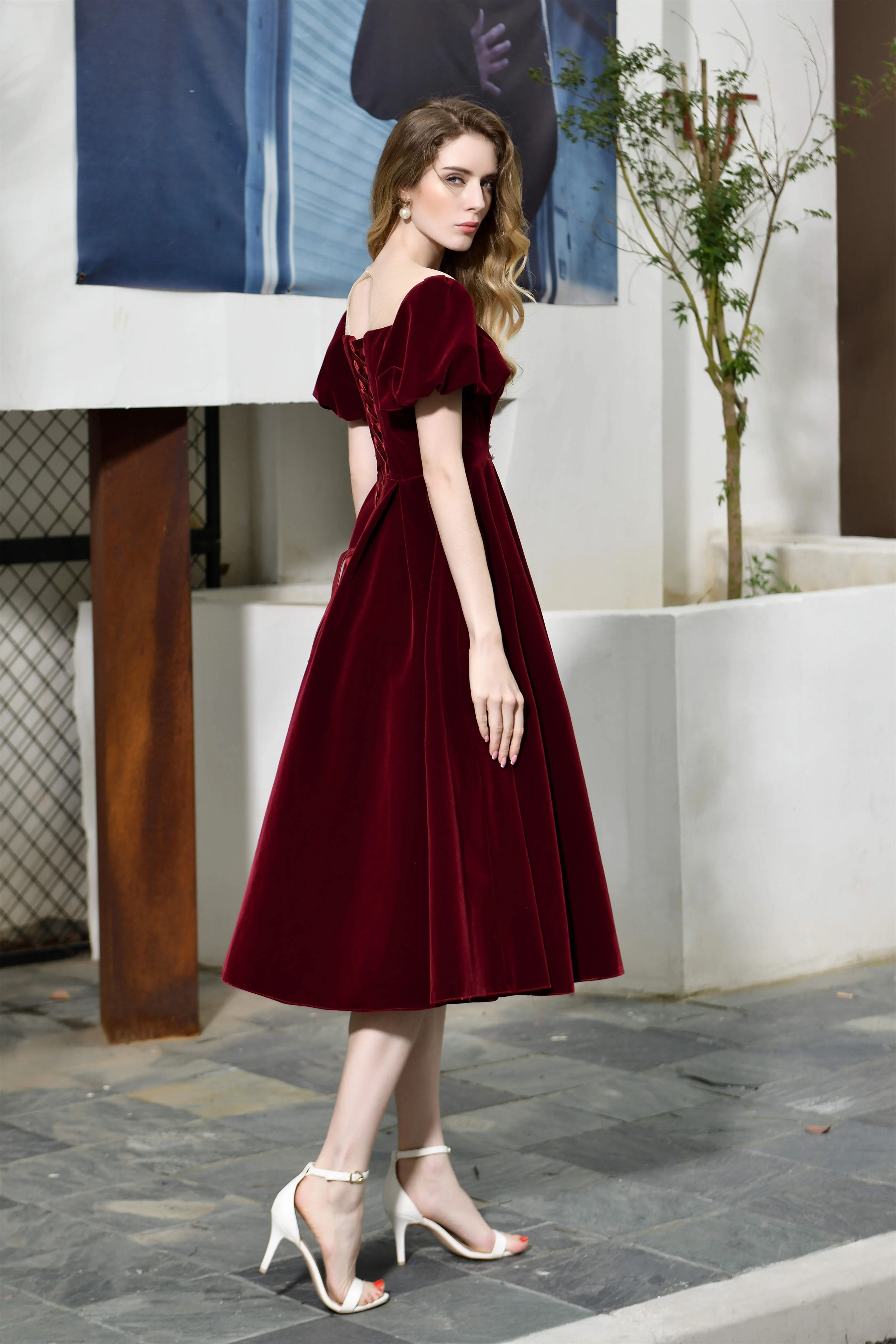 Puff Sleeve Ankle Length Velvet Deep V-Neck Vintage Prom Dresses