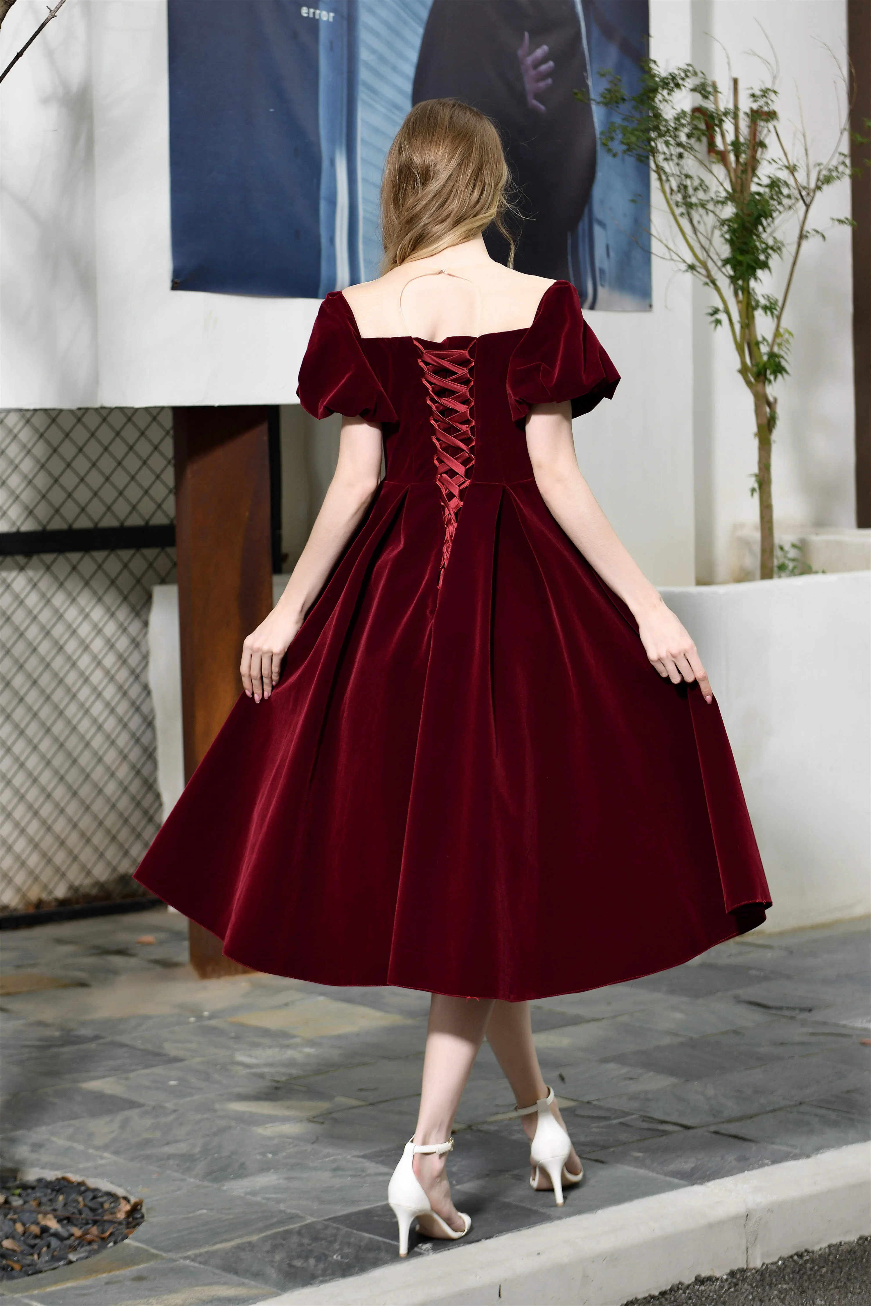 Puff Sleeve Ankle Length Velvet Deep V-Neck Vintage Prom Dresses