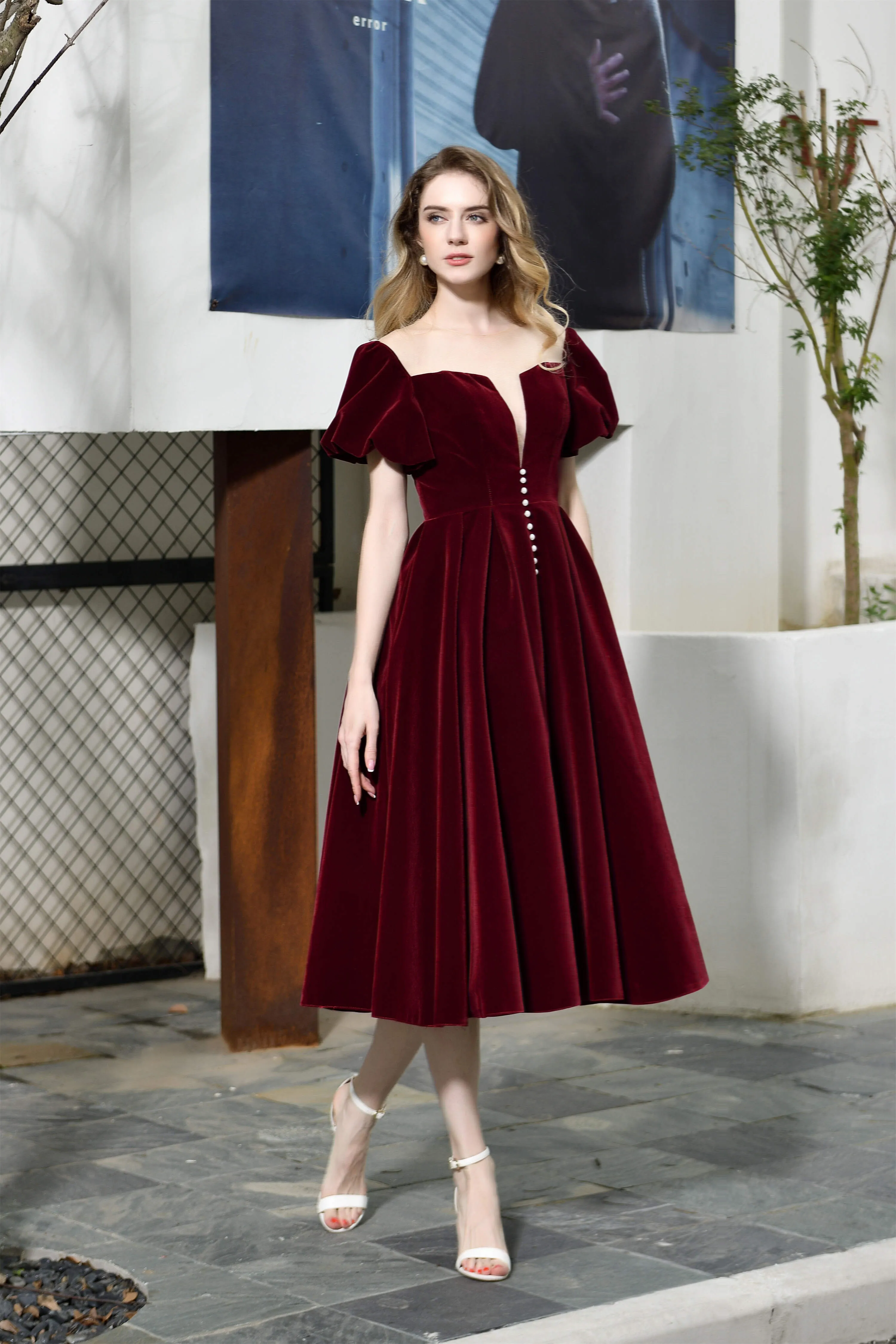 Puff Sleeve Ankle Length Velvet Deep V-Neck Vintage Prom Dresses